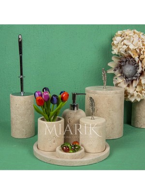 Miarik Design Dekoratif Doğal Traverten Mermer Banyo Seti Takımı Aksesuar Detaylı
