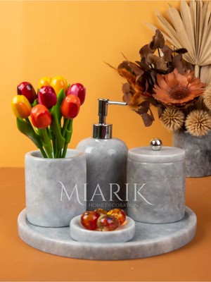 Miarik Design Dekoratif Beyaz Mermer Gümüş Top Detaylı 5 Li Banyo Seti Takımı