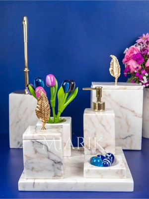 Miarik Design Dekoratif Mermer Aksesuar Detaylı 7 Li Kare Banyo Seti Takımı