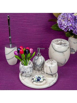 Miarik Design Dekoratif Leylak Mermer Banyo Seti Takımı 7 Li Pirinç Detaylı Tasarım Set