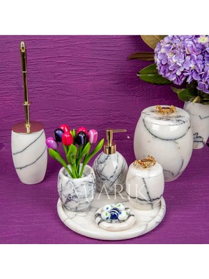 Miarik Design Dekoratif Leylak Mermer Banyo Seti Takımı 7 Li Pirinç Detaylı Tasarım Set