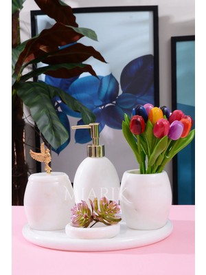 Miarik Design Dekoratif Beyaz Mermer Oval Banyo Seti Takımı 5 Li Tasarım Set