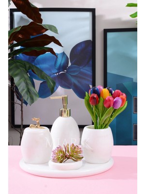 Miarik Design Dekoratif Beyaz Mermer Oval Banyo Seti Takımı 5 Li Tasarım Set