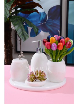 Miarik Design Dekoratif Beyaz Mermer Oval Banyo Seti Takımı 5 Li Tasarım Set