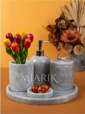 Miarik Design Dekoratif Gri Mermer Gümüş Kuş Kuğu Detaylı 5 Li Banyo Seti Takımı