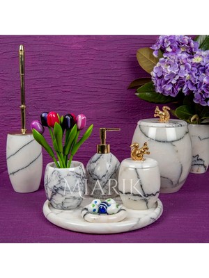 Miarik Design Dekoratif Leylak Mermer Banyo Seti Takımı 7 Li Pirinç Detaylı Tasarım Set