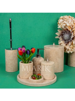 Miarik Design Dekoratif Traverten Mermer Oval Banyo Seti Takımı 7 Li Pirinç Detaylı Tasarım Set