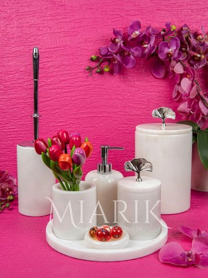 Miarik Design Dekoratif Beyaz Mermer Yaprak Detaylı 7 Li Banyo Seti Takımı