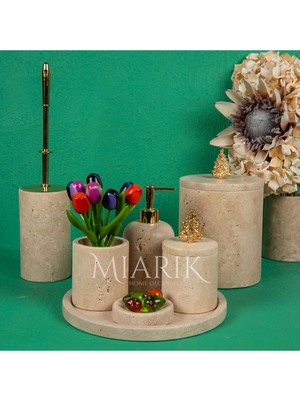 Miarik Design Dekoratif Traverten Mermer Oval Banyo Seti Takımı 7 Li Pirinç Detaylı Tasarım Set