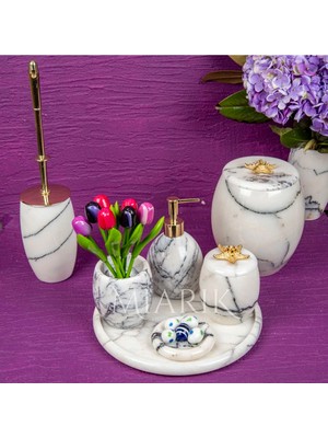 Miarik Design Dekoratif Leylak Mermer Banyo Seti Takımı 7 Li Pirinç Detaylı Tasarım Set