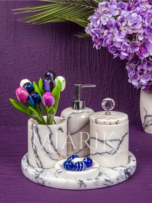 Miarik Design Dekoratif Beyaz Mermer Aksesuar Detaylı 5 Li Banyo Seti Takımı