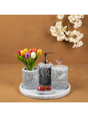 Miarik Design Dekoratif Mermer Rose Detaylı 5 Li Banyo Seti Takımı
