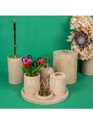 Miarik Design Dekoratif Traverten Mermer Oval Banyo Seti Takımı 7 Li Pirinç Detaylı Tasarım Set