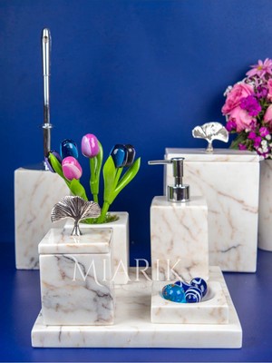 Miarik Design Dekoratif Mermer Aksesuar Detaylı 7 Li Kare Banyo Seti Takımı