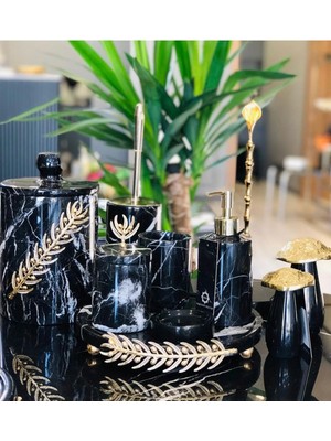 Miarik Design Dekoratif Siyah Mermer Altın Zeytin Dalı Detaylı 7 Li Banyo Seti Takımı