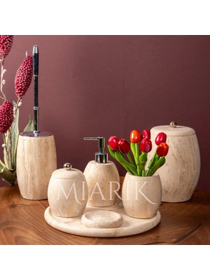 Miarik Design Dekoratif Traverten Mermer Oval Banyo Seti Takımı 7 Li Pirinç Detaylı Tasarım Set