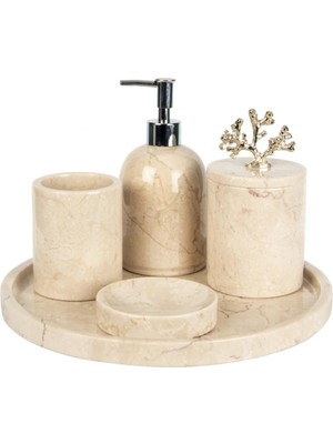 Miarik Design Bej Rolin Bej Mermer Banyo Seti 5li - Gümüş Mercan 5 Parça Mermer
