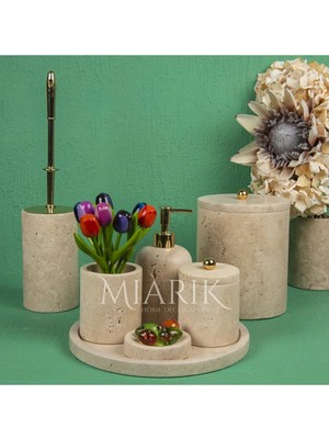 Miarik Design Dekoratif Doğal Traverten Mermer Banyo Seti Takımı Aksesuar Detaylı