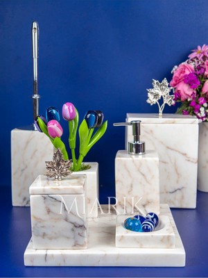 Miarik Design Dekoratif Mermer Aksesuar Detaylı 7 Li Kare Banyo Seti Takımı