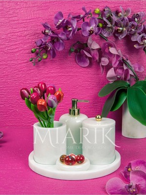 Miarik Design Dekoratif Beyaz Mermer Top Aksesuar Detaylı 5 Li Banyo Seti Takımı