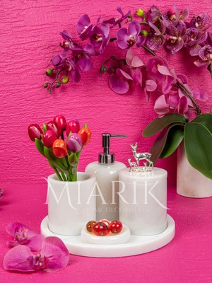 Miarik Design Dekoratif Beyaz Mermer Ceylan Ailesi Gümüş Aksesuar Detaylı 5 Li Banyo Seti Takımı