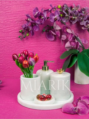 Miarik Design Dekoratif Beyaz Mermer Yaprak Detaylı 5 Li Banyo Seti Takımı