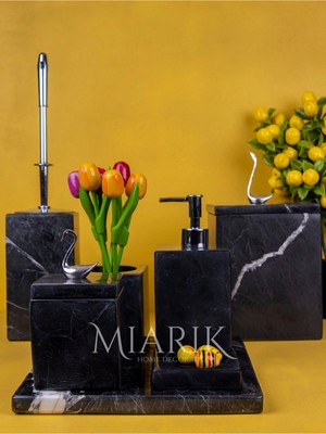 Miarik Design Dekoratif Mermer Düz Kare Sılver Kugu Detaylı 7 Li Banyo Seti Takımı