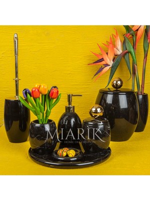 Miarik Design Dekoratif Siyah Mermer Banyo Seti Takımı 7 Li Pirinç Aksesuar Detaylı Tasarım Set