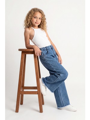 Joy Kids Kız Çocuk Boydan Taşlı Bilek Üstü Kot Pantolon (9-16YAŞ) (Mavi)