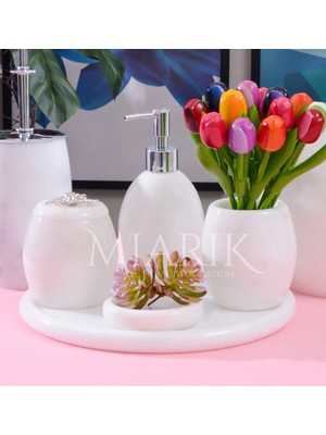 Miarik Design Dekoratif Beyaz Mermer Oval Banyo Seti Takımı 5 Litasarım Set