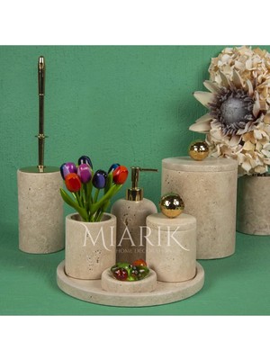 Miarik Design Dekoratif Traverten Mermer Aksesuar Detaylı 7 Li Banyo Seti Takımı