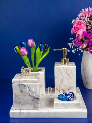 Miarik Design Dekoratif Mermer Düz Kare 5 Li Banyo Seti Takımı