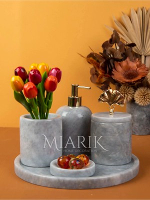Miarik Design Dekoratif Mermer Yaprak Detaylı 5 Li Banyo Seti Takımı
