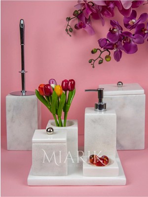 Miarik Design Dekoratif Beyaz Mermer Gümüş Top Detaylı 7 Li Kare Banyo Seti Takımı