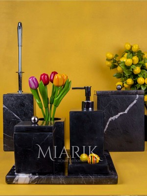 Miarik Design Dekoratif Sıyah Mermer Gümüş Top Detaylı 7 Li Kare Banyo Seti Takımı