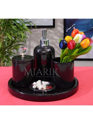 Miarik Design Dekoratif Sıyah Mermer Gümüş Kristal Detaylı 5 Li Banyo Seti Takımı