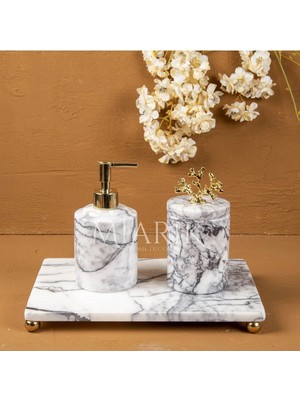 Miarik Design Dekoratif Leylak Mermer Aksesuar Detaylı 3 Lu Banyo Seti Takımı