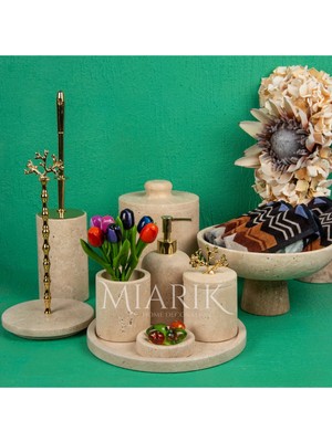 Miarik Design Dekoratif Traverten Merme Banyo Seti Takımı 9 Lu Pirinç Detaylı Tasarım Set