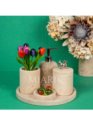 Miarik Design Dekoratif Traverten Mermer Banyo Seti Takımı 5li Aksesuar Detaylı Tasarım Set