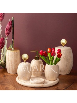 Miarik Design Dekoratif Traverten Mermer Oval Banyo Seti Takımı 7 Li Pirinç Detaylı Tasarım Set