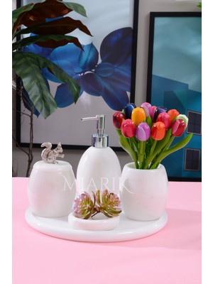Miarik Design Dekoratif Beyaz Mermer Oval Banyo Seti Takımı 5 Li Tasarım Set