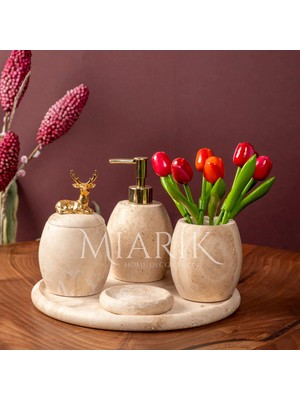 Miarik Design Dekoratif Traveren Mermer Oval Banyo Seti Takımı 5 Li Tasarım Set