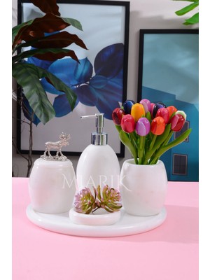 Miarik Design Dekoratif Beyaz Mermer Oval Banyo Seti Takımı 5 Li Tasarım Set