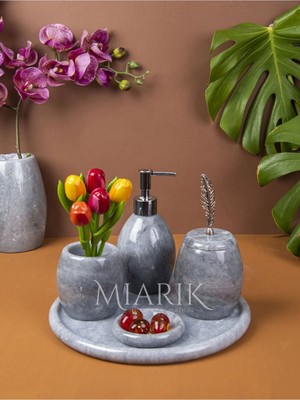 Miarik Design Dekoratif Gri Oval Mermer Banyo Seti Takımı 5 Li Aksesuar Detaylı Tasarım Set