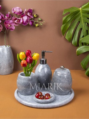 Miarik Design Dekoratif Gri Oval Mermer Banyo Seti Takımı 5 Li Aksesuar Detaylı Tasarım Set