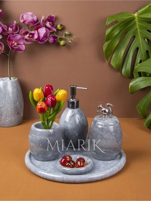 Miarik Design Dekoratif Gri Oval Mermer Banyo Seti Takımı 5 Li Aksesuar Detaylı Tasarım Set