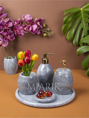 Miarik Design Dekoratif Gri Oval Mermer Banyo Seti Takımı 5 Li Aksesuar Detaylı Tasarım Set