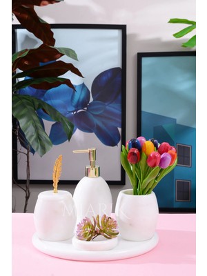 Miarik Design Dekoratif Beyaz Mermer Oval Banyo Seti Takımı 5 Li Tasarım Set