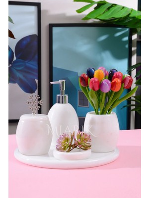 Miarik Design Dekoratif Beyaz Mermer Oval Banyo Seti Takımı 5 Li Tasarım Set