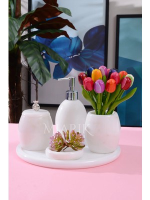 Miarik Design Dekoratif Beyaz Mermer Oval Banyo Seti Takımı 5 Li Tasarım Set
